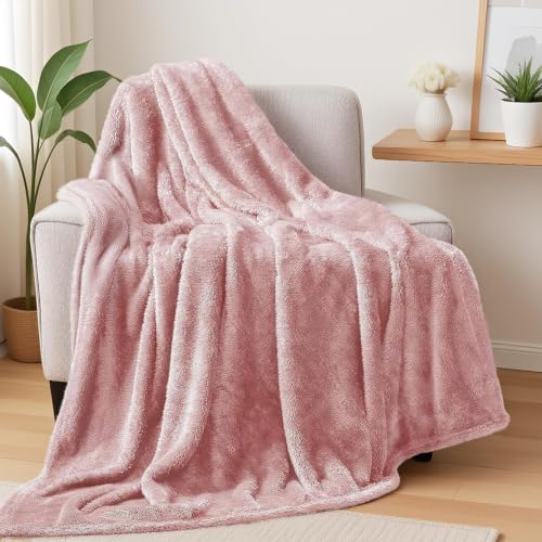 Large Fuzzy Fleece Throw Blanket, 50x70 Inches, Dusty Pink Plush Blanket