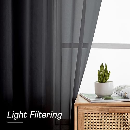 Black Sheer Curtains 84 Inches Long - Light Filtering Rod Pocket Panels (Set of 2)