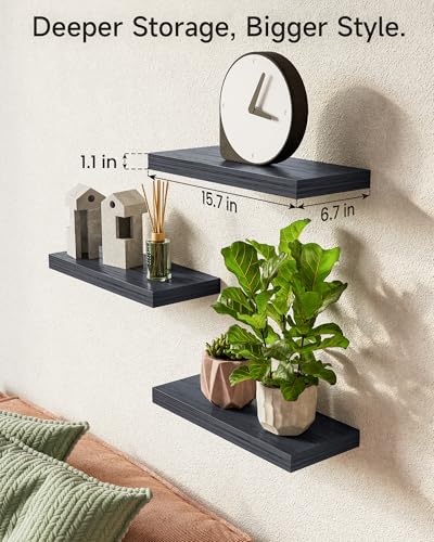 BAYKA Floating Shelves for Wall - Rustic Wood Hanging Shelves, Set of 3 (Black, 15.7in)