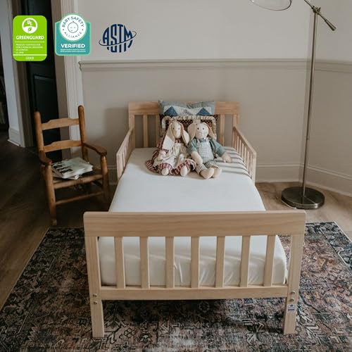 Low to Floor Wooden Toddler Bed Frame with Dual Safety Guard Rails