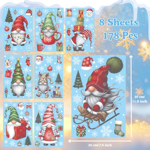 TSIMPLE 178 PCS Christmas Gnome Window Clings - Holiday Decor, Removable Xmas Stickers for Glass Windows, Gnome Snowflake Decals, Festive Home & Office Decor