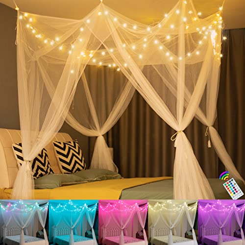 White 8-Corner Bed Canopy with 24-Color Star String Lights & Remote
