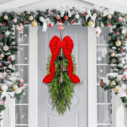 23.6-Inch Christmas Teardrop Swag Wreath with Bells and Red Ribbon