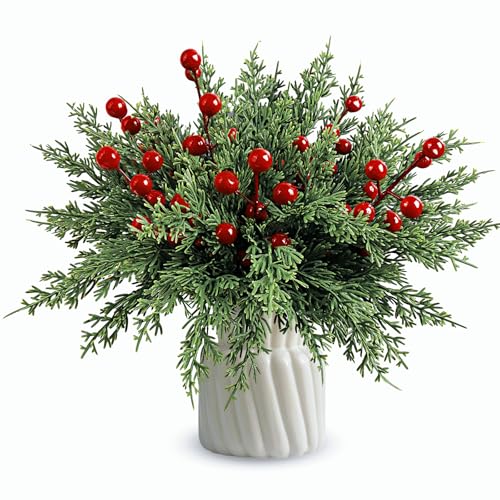 60Pcs Artificial Christmas Pine Branches & Red Berry Stems for Holiday Decor