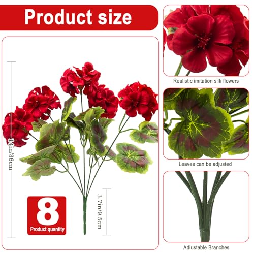 8 Pcs Red Artificial Geranium Plants - UV Resistant Silk Flowers