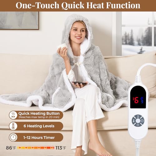 Wearable Heated Blanket Hoodie with Pockets, Faux Fur Electric Throw