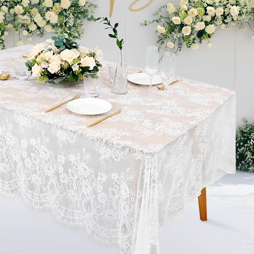 White Lace Tablecloth 5 Pieces 60x120 Inches Embroidered Floral Design