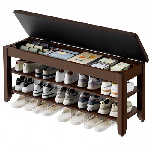 Solid Wood Shoe Storage Bench with Flip-Top Compartment, 39.4-Inch