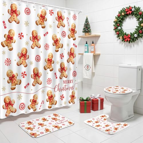 Christmas Shower Curtain Set Gingerbread Bath Decor 4pcs Waterproof Holiday