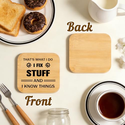 Men's I Fix Stuff and I Know Things Wood Coaster - Funny Desk Accessories Gift for Dad, Grandpa, Husband, Men, Variations Include THIS listing