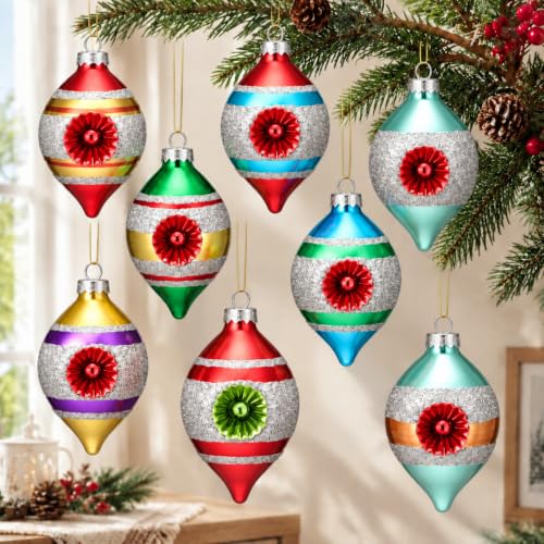 Soulchen Multi-Color Retro Christmas Glass Finial Ornaments Set of 8 with Reflectors