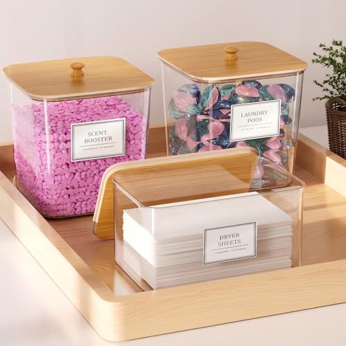4-Piece Laundry Room Organization Set with Wooden Lids and Labels