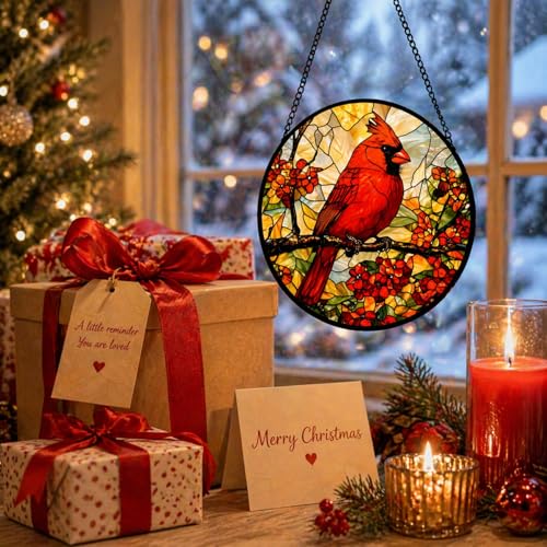 Cardinal Stained Glass Suncatcher Panel - 7.8 Inch Window Decor