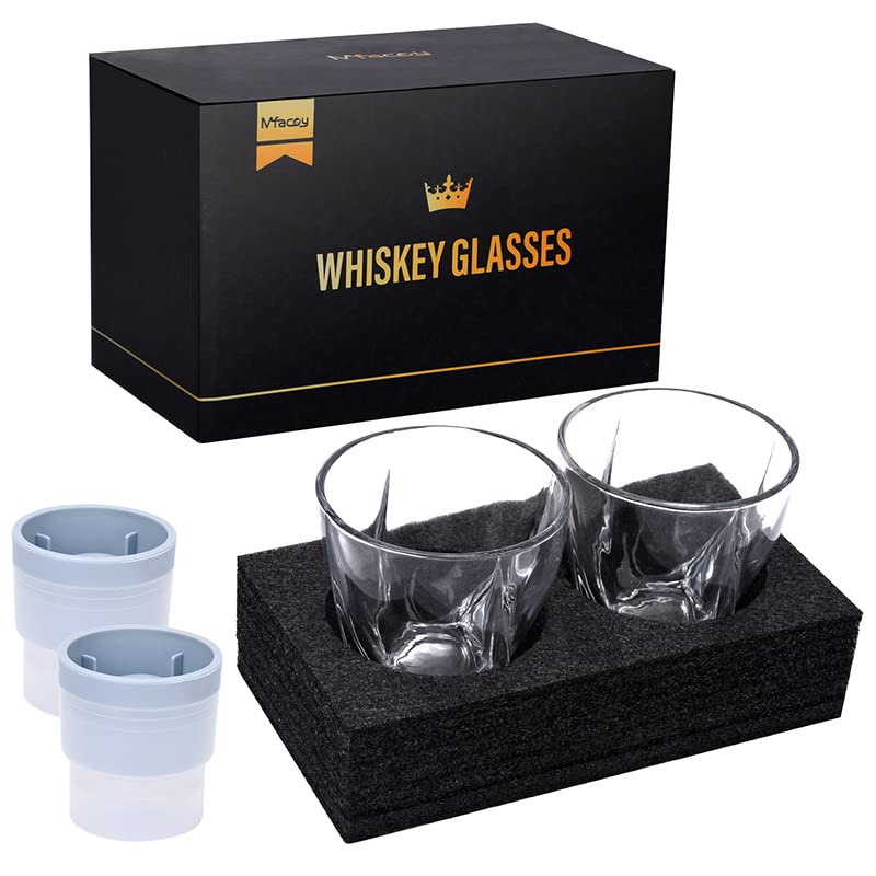 Twisted 11oz Old Fashioned Whiskey Glass Set with Crystal Ice Molds - Barware Gift