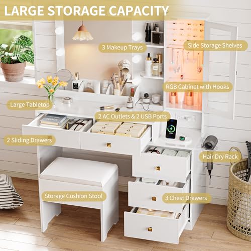 Makeup Vanity Desk with Lighted Mirror, 5 Drawers, RGB Cabinet & Stool