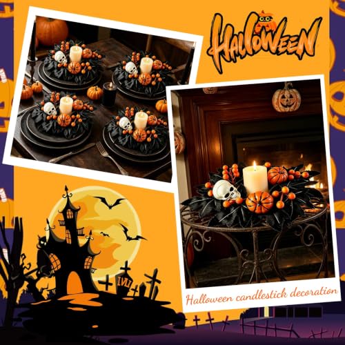 4 PCS Halloween Candle Rings with Skulls, Pumpkins, and Black Maple Leaves