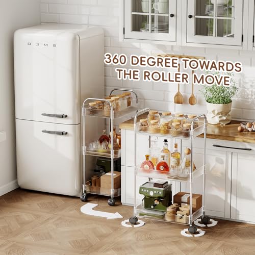 3-Tier Clear Acrylic Rolling Utility Cart with Lockable Wheels & Handle