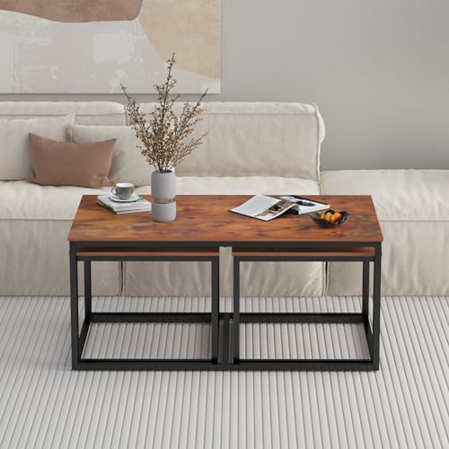 3-Piece Industrial Nesting Coffee Table Set, Space-Saving Wood Side Tables