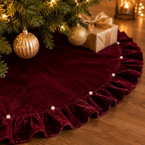 59 Inch Burgundy Velvet Christmas Tree Skirt with Pearl Trim Edge & Bow Ties (150 cm) – AtiMing, Burgundy with Pearl