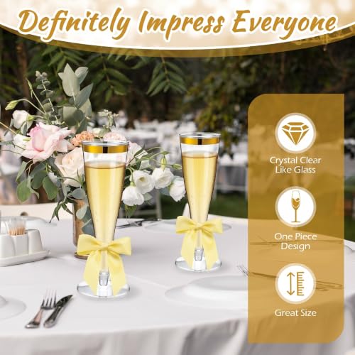 Zopeal 200 Pcs Gold Champagne Flute & Bow Set Gold Rim - Shatterproof Plastic Glasses