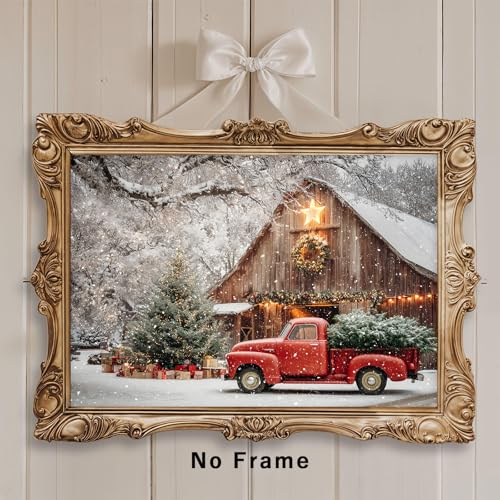 Tevenuktla Christmas Canvas Wall Art 16x24in Red Barn Winter Scene – Unframed