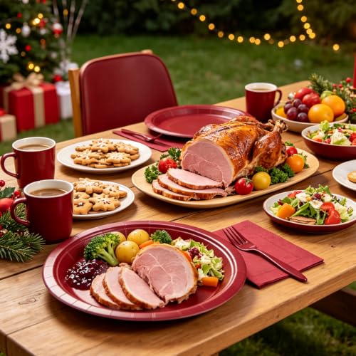 9 Inch Burgundy Paper Plates and Napkins Set for Birthday & Holiday Parties - 50 Sets, Includes Forks