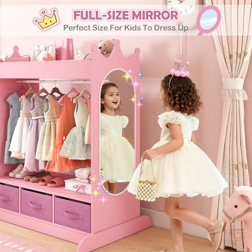 Kids Dress Up Storage Armoire with Mirror, Drawers and Hanging Rod - Pink