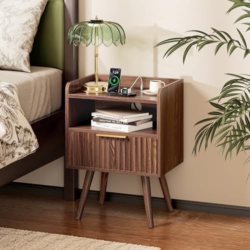 Set of 2 Nightstands with Charging Station, Fluted Drawer & USB-C Port