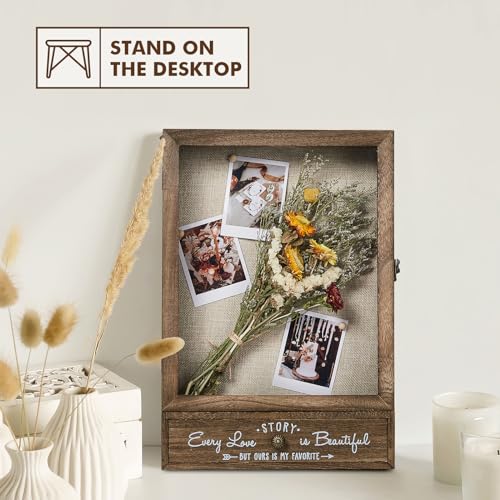 Rustic Wood Shadow Box Display Case with Drawer - 11x16 Keepsake Frame