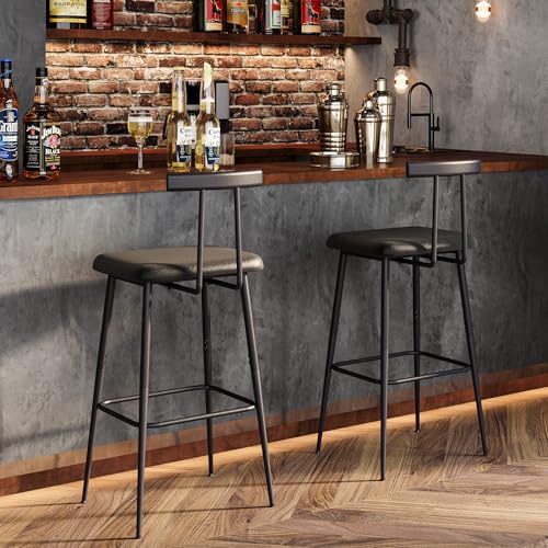 Industrial Matte Black Bar Stools with PU Cushioned Seat - Set of 2