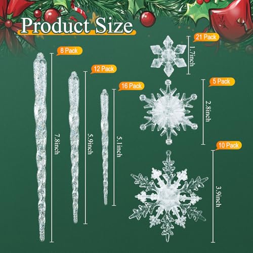 Chuangdi 72 Pcs Glitter Clear Snowflake Icicle Christmas Ornaments Set
