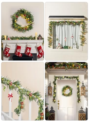 Brightown 6ft Christmas Garland with Lights, 2 Pack, Battery Operated, Pine Cones & Red Berries