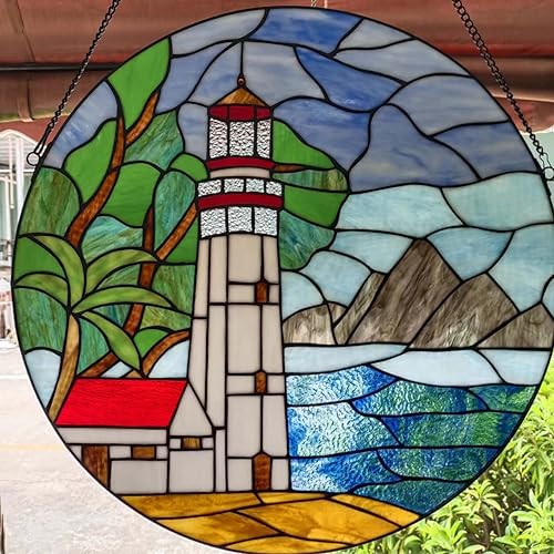 Tiffany-Style Stained Glass Lighthouse Window Panel - 22-Inch Round