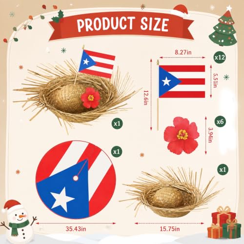 Irenare Puerto Rico Christmas Tree Decor Kit with Flag Skirt & Toppers, 35.4 Inch