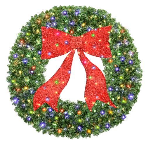 RABESAMDY 36 Inch Artificial Christmas Wreath with Dual-Color LED Lights & Red Bow, 10 Modes