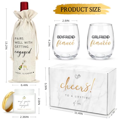 Engagement Gift Set for Couples with Wine Glasses, Scented Candle, and Wine Bag
