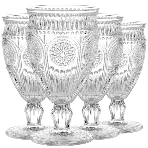 12oz Vintage Glass Goblets - Embossed Sunflower Pattern, 4-Piece Set