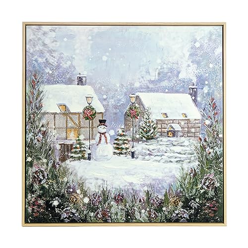 ArtbyHannah Snowy Village Christmas Canvas Wall Art 24x24 Inch, Framed Hand-Painted Holiday Decor
