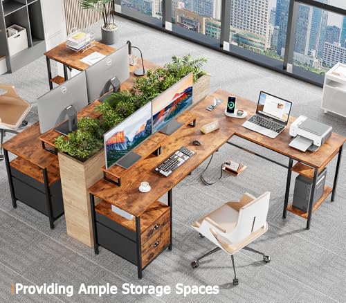 66-Inch L-Shaped Computer Desk with Power Outlet, File Drawer and Monitor Stands