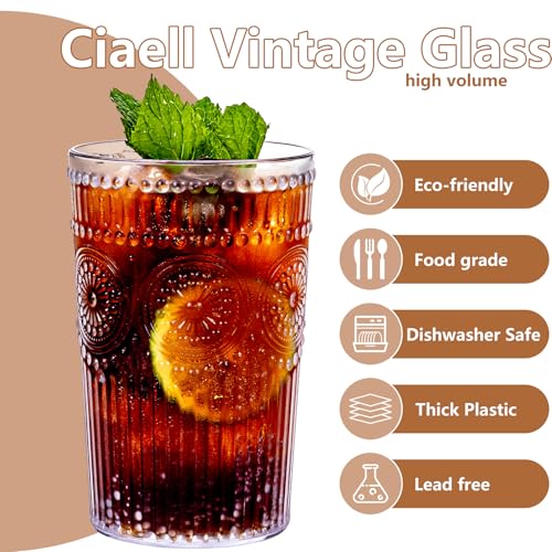 12-Pack 14 oz Embossed Plastic Drinking Glasses, Vintage Ribbed Water Cups