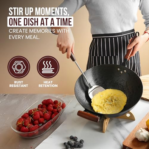 36cm Pre-Seasoned Cast Iron Wok with Wooden Lid & Dual Handles - Nonstick Chinese Stir-Fry Pan