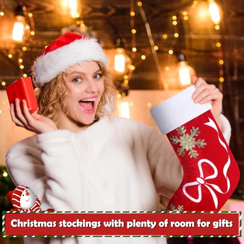 RoundFunny 18in Velvet Christmas Stockings Set of 4 with Embroidery - Red & Green