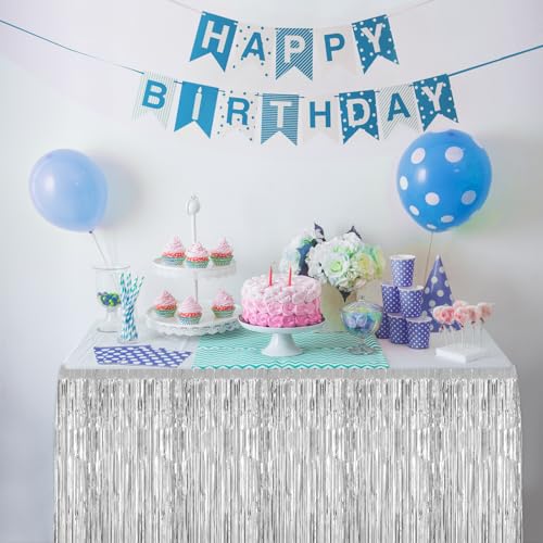 2-Pack Silver Foil Fringe Table Skirts - 29.5 x 108 Inch Disposable Decor