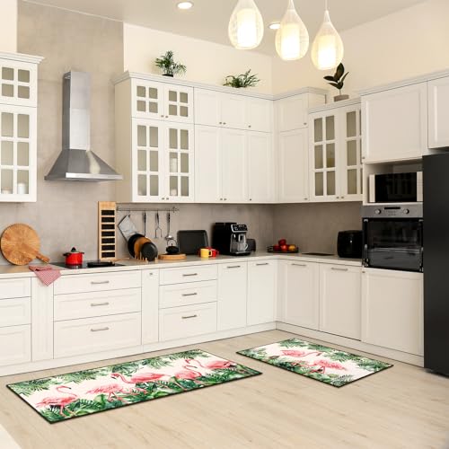 2-Piece Flamingo Kitchen Rug and Mat Set, Non-Slip Washable Floor Mats