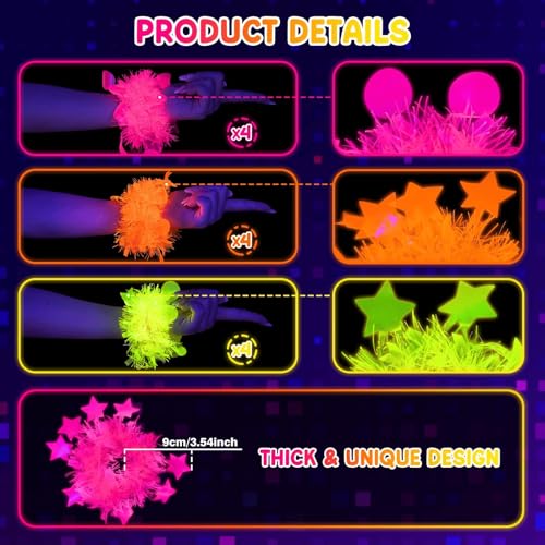 12 Pcs Neon Glow Party Bracelets - Fluorescent Blacklight Party Favors