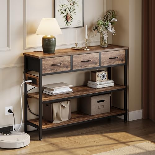 43-Inch Console Table with Charging Station and 3 Fabric Drawers