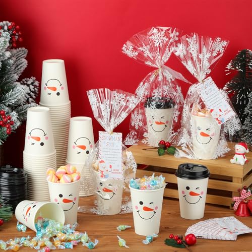 Funnymoom 12oz Christmas Snowman Wink Disposable Soup Cups with Lids & Tags (150 Pack)