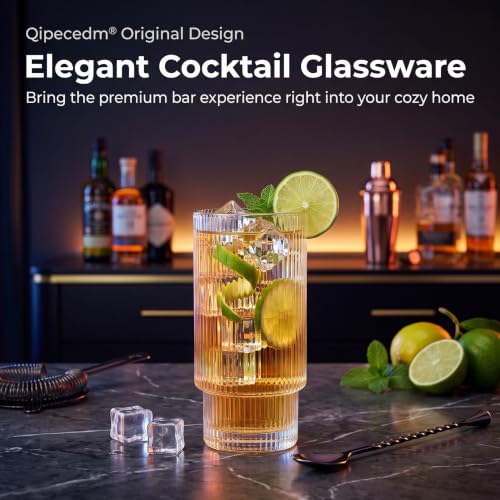 Qipecedm 6 Pack Vintage Ribbed Highball Glasses 16 oz - Elegant Drinking Glassware