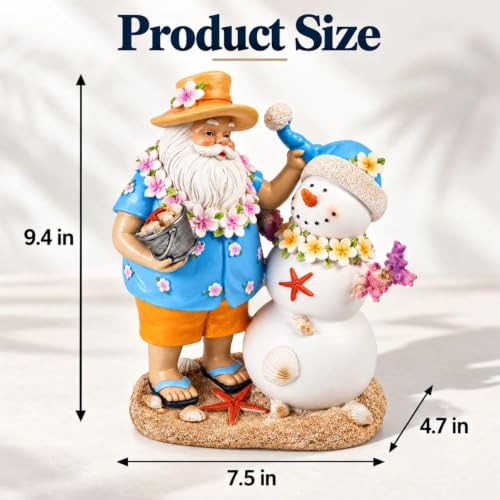 Coastal Hawaiian Santa & Snowman Figurine - 9.4in Beach Christmas Table Decor, Colorful