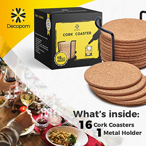 Decopom Cork Coasters Set with Metal Holder - 16 Thick Absorbent 4-inch Drink Coasters for Hot Cold Beverages